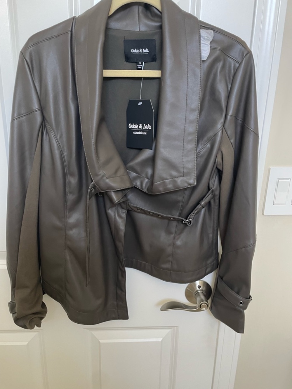 Oodie & Lola Taupe Faux Leather Shawl-Collar Jacket
